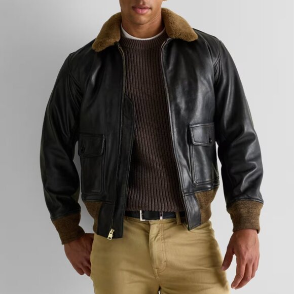 NWT Quince Shearling Collar Leather Flight Jacket Mens L Rich Brown - Picture 2 of 16